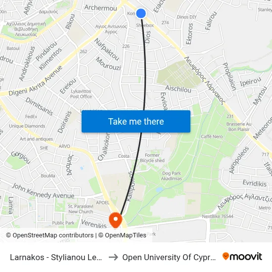 Larnakos - Stylianou Lena to Open University of Cyprus map