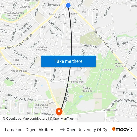 Larnaca - Digeni Akrita Avenue to Open University of Cyprus map