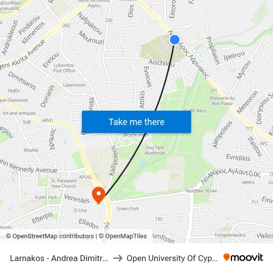 Larnaca - Andreas Dimitriou to Open University of Cyprus map