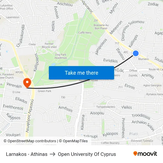 Larnakos - Athinas to Open University of Cyprus map
