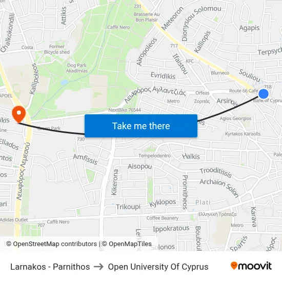 Larnakos - Parnithos to Open University of Cyprus map