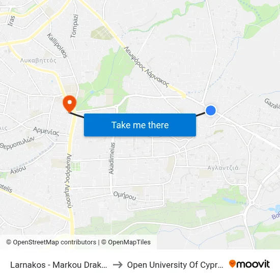 Larnaca - Markou Drakou to Open University of Cyprus map