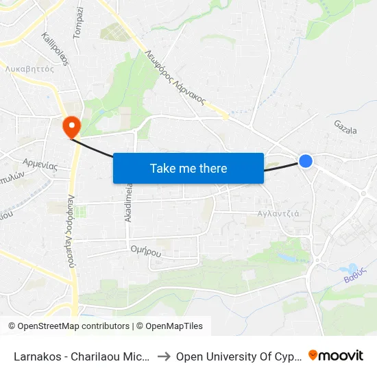 Larnakos - Charilaos Michail to Open University of Cyprus map