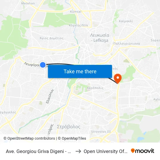 George Grivas Digeni Avenue - 25 March to Open University of Cyprus map