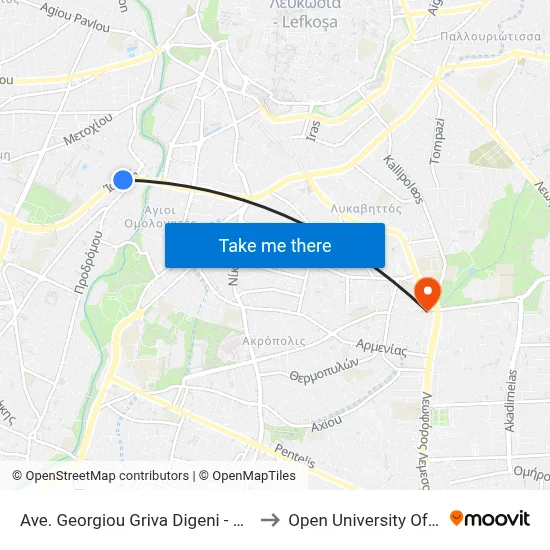 Ave. Georgiou Griva Digeni - Prodromou to Open University of Cyprus map