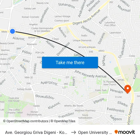 Georgiou Griva Digeni Avenue - Kosta Chatzopoulou to Open University of Cyprus map