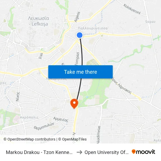 Markou Drakou - John Kennedy Avenue to Open University of Cyprus map