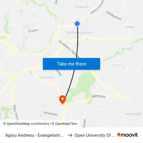Ag. Andreou - Evangelistria Church to Open University of Cyprus map