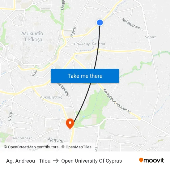 Ag. Andreou - Tilou to Open University of Cyprus map