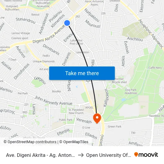 Ave. Digeni Akrita - Ag. Antonios Market to Open University of Cyprus map