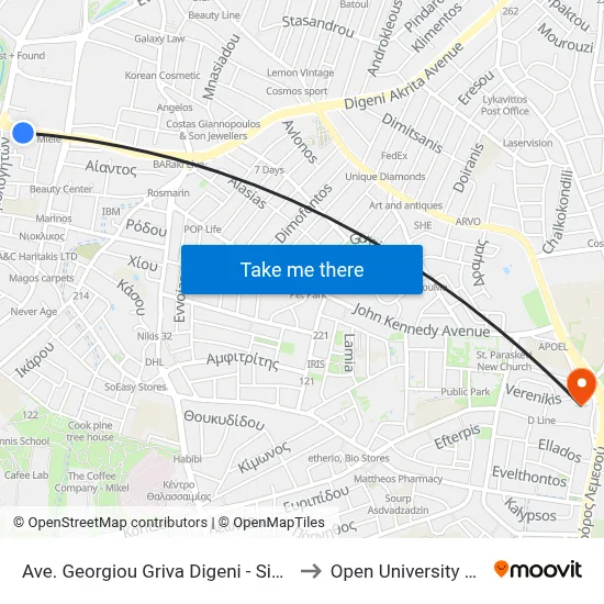 George Grivas Digenis Avenue - Simou Menardou to Open University of Cyprus map