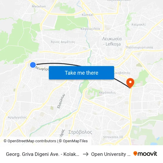 Georg. Griva Digeni Ave. - Kolakasidi Roundabout to Open University of Cyprus map