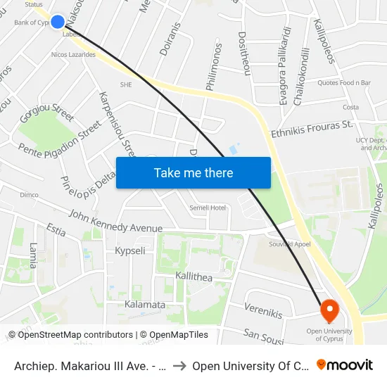 Archbishop Makarios III Avenue - Naxou to Open University of Cyprus map