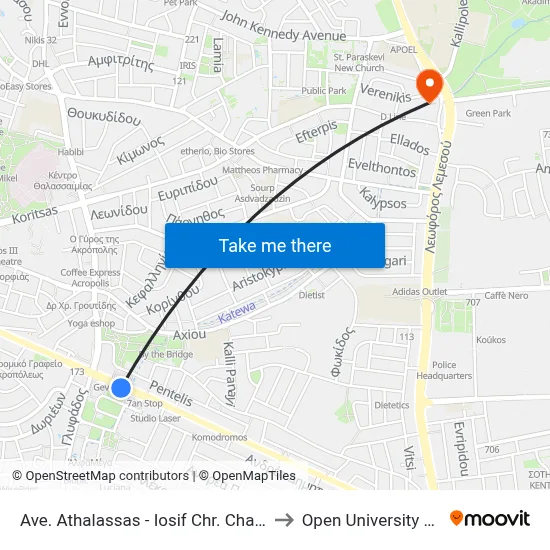 Athalassa Ave - Iosif Chr. Chatziiosif Avenue to Open University of Cyprus map