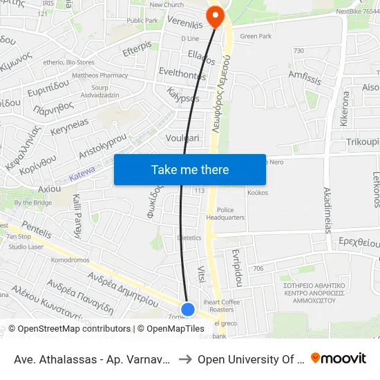 Ave. Athalassas - Ap. Varnavas Church to Open University of Cyprus map