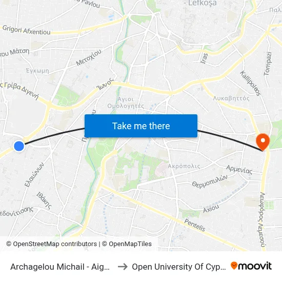 Archangelos Michail - Aigaleo to Open University of Cyprus map