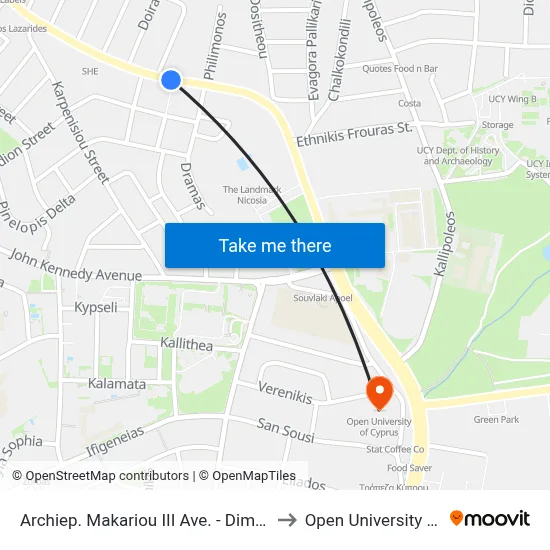 Archbishop Makarios III Ave. - Dimitrios Papanikolis to Open University of Cyprus map