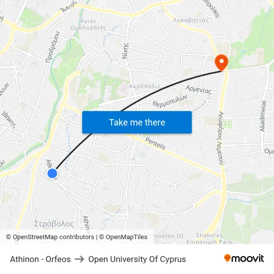 Athinon - Orpheus to Open University of Cyprus map