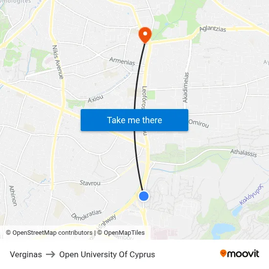 Verginas to Open University of Cyprus map