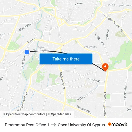 Prodromou Post Office to Open University of Cyprus map