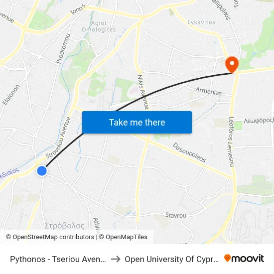 Python - Tseri Avenue to Open University of Cyprus map