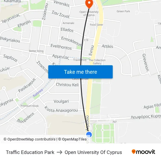 Traffic Education Park to Open University of Cyprus map