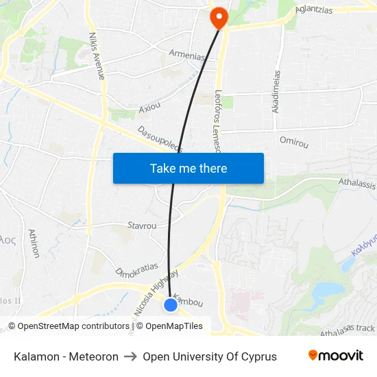 Kalamon - Meteoron to Open University of Cyprus map