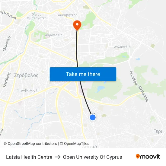Latsia Health Centre to Open University of Cyprus map