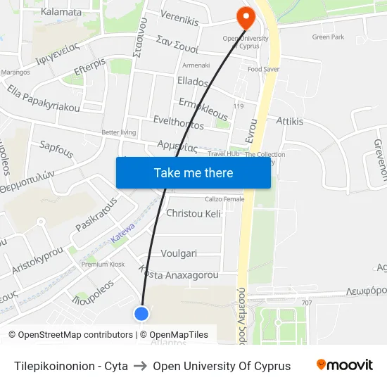 Tilepikoinonion - Cyta to Open University of Cyprus map