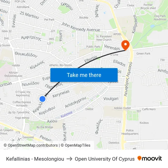 Kefallinias - Mesolongiou to Open University of Cyprus map
