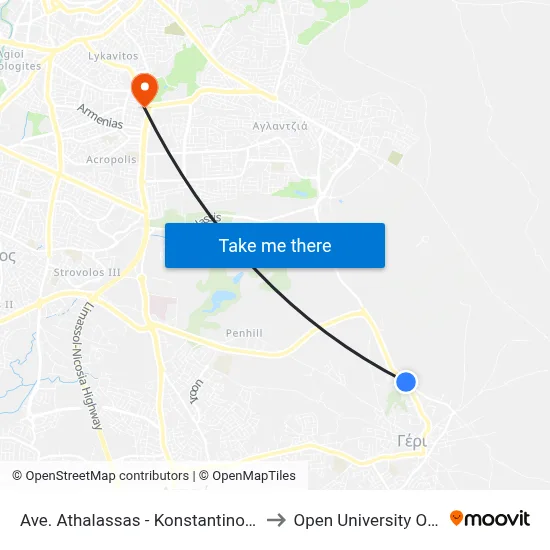 Athalassas Avenue - Konstantinou Giallourou to Open University of Cyprus map