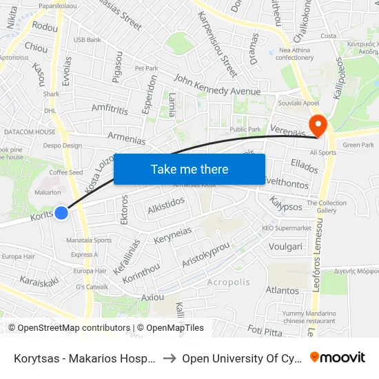 Korytsas - Makarios Hospital to Open University of Cyprus map