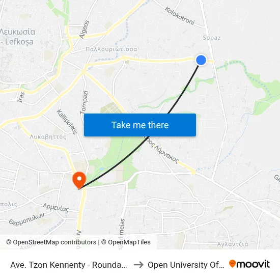 Ave. Tzon Kennenty - Roundabout Sopaz to Open University of Cyprus map