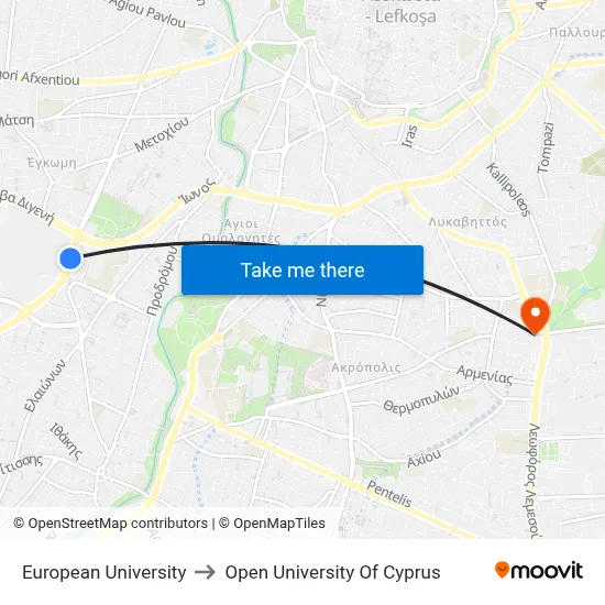 European University to Open University of Cyprus map