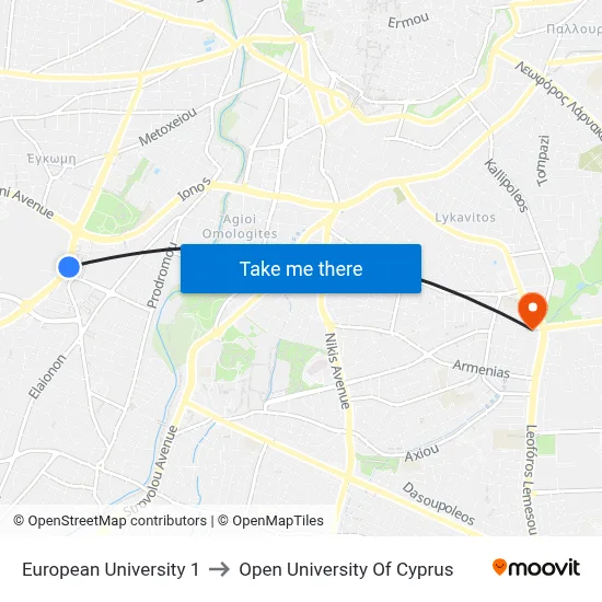European University to Open University of Cyprus map