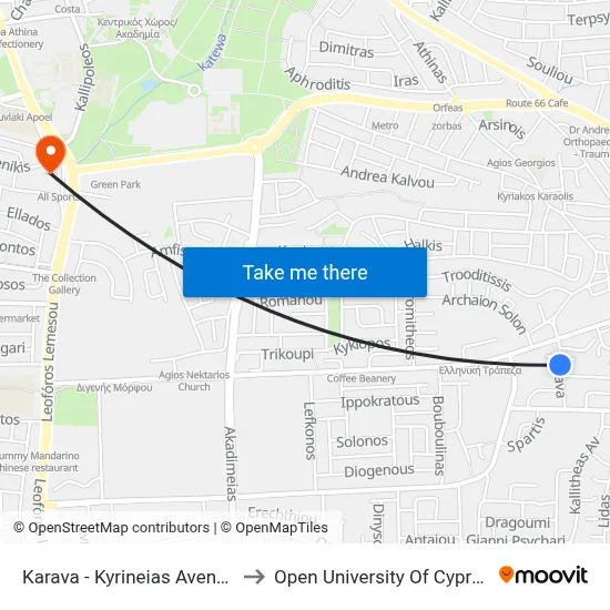 Karava - Kyrineias Avenue to Open University of Cyprus map