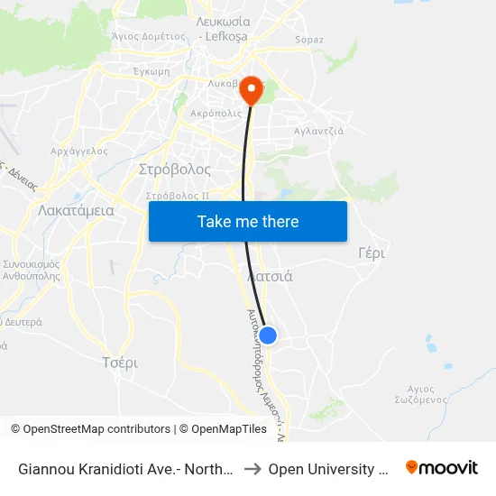 Giannou Kranidioti Avenue - North Roundabout to Open University of Cyprus map