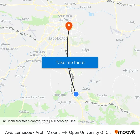 Ave. Lemesou - Arch. Makariou C to Open University of Cyprus map