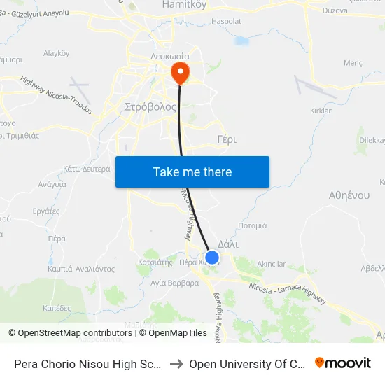 Pera Chorio Nisou High School 1 to Open University of Cyprus map