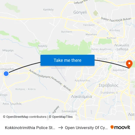 Kokkinotrimithia Police Station to Open University of Cyprus map