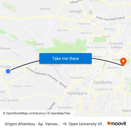 Grigori Afxentiou - Ap. Varnavas Church to Open University of Cyprus map