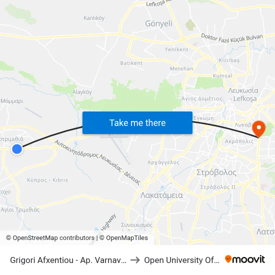 Grigori Afxentiou - Ap. Varnavas Church to Open University of Cyprus map