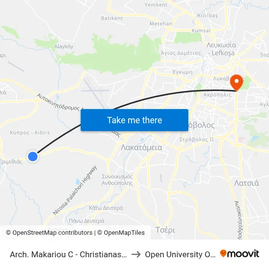 Arch. Makariou C - Christianas Christofidou to Open University of Cyprus map