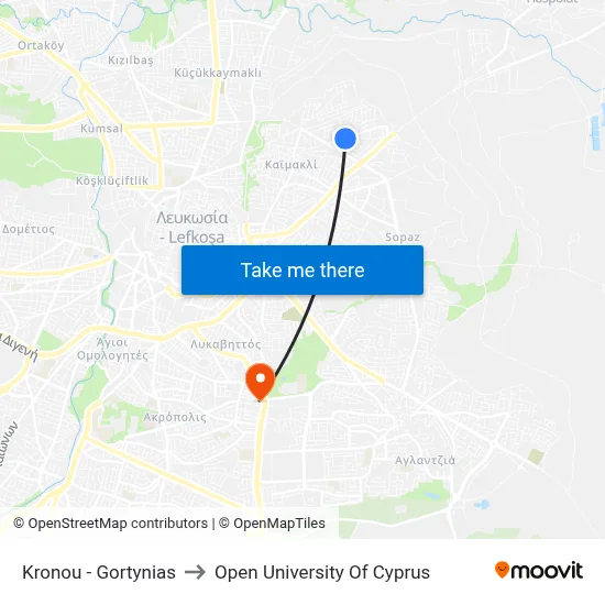 Kronou - Gortynias to Open University of Cyprus map