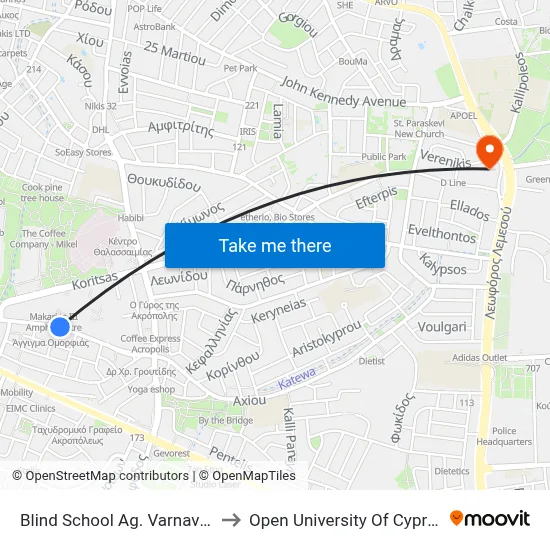 Blind School Ag. Varnavas to Open University of Cyprus map