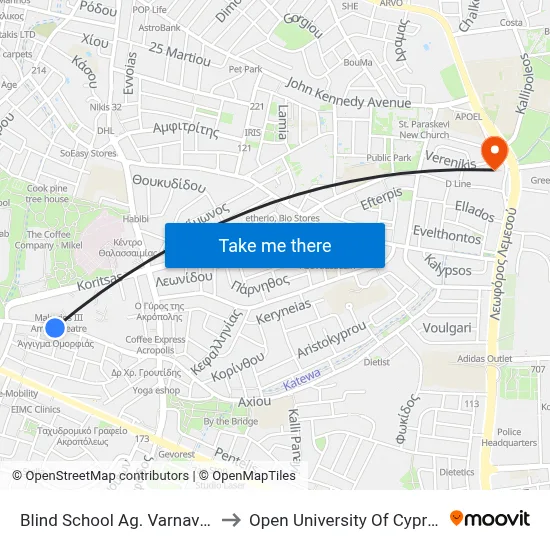 Blind School Ag. Varnavas to Open University of Cyprus map