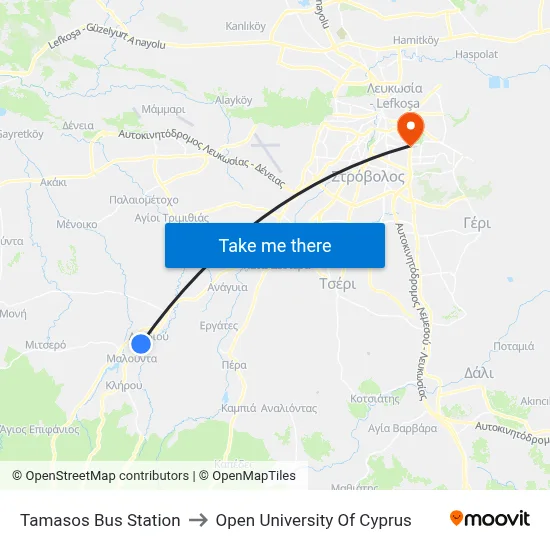Tamasos Bus Station to Open University of Cyprus map