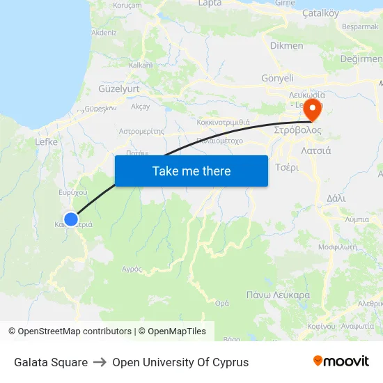 Galata Square to Open University of Cyprus map