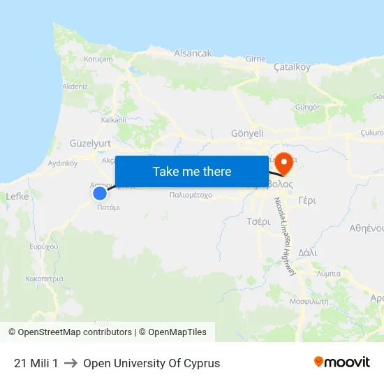 21 Mili to Open University of Cyprus map
