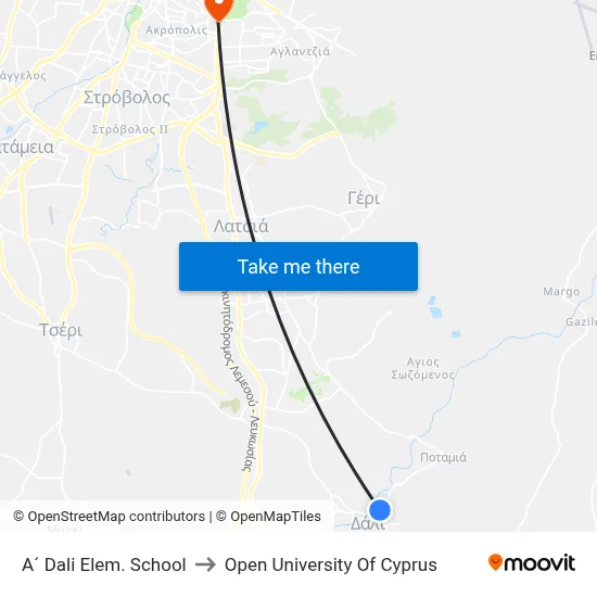 A´ Dali Elem. School to Open University of Cyprus map